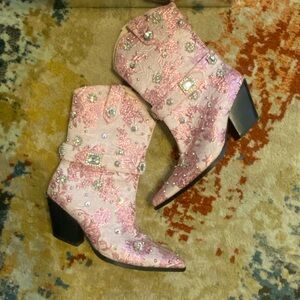 Elegant Pink Embellished Heeled Boots